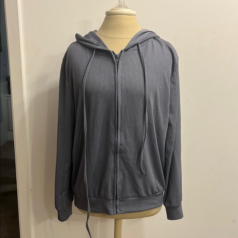 Gray Bomber Jacket with Hood and Zipper